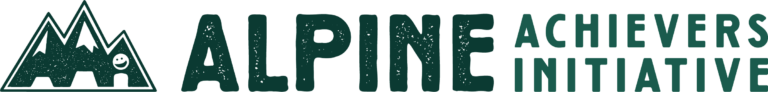 Alpine Achievers Initiative mountains and smiley face logo with text to the right, dark green throughout.