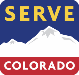 Serve Colorado logo featuring white mountains, a dark blue background, and yellow and white text.