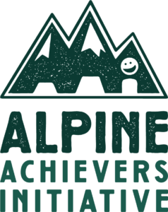 Alpine Achievers Initiative mountains and smiley face logo with text underneath, dark green throughout.