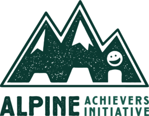 Alpine Achievers Initiative mountains and smiley face logo with text underneath, dark green throughout.