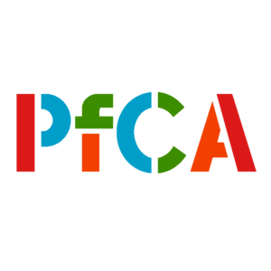 The Partnership for Community Action logo consists of geometric letters "PCfA" cut in different colors (teal, bright green, bright orange, and red).