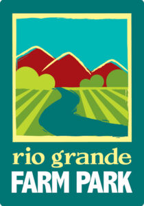 Rio Grande Farm Park poster-like logo, featuring a teal sky, red mountains, yellow green agriculture fields, and a dark teal river with text underneath.