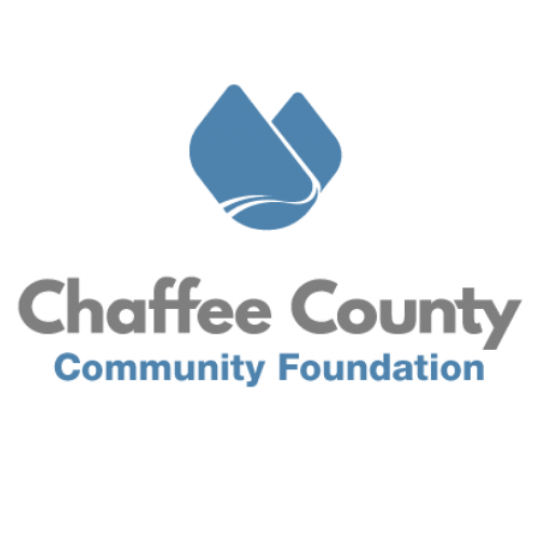Chaffee Community Foundation logo that features an abstract blue icon that resembles mountains and a valley or river, with text below.