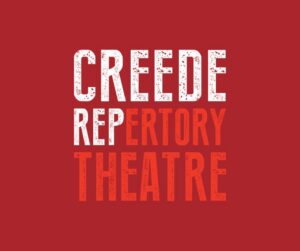 Creede Repertory Theatre square logo with white and red-orange text on a deep red background.