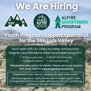 A "WE ARE HIRING" graphic for the Youth Program Support Specialist for the San Luis Valley.